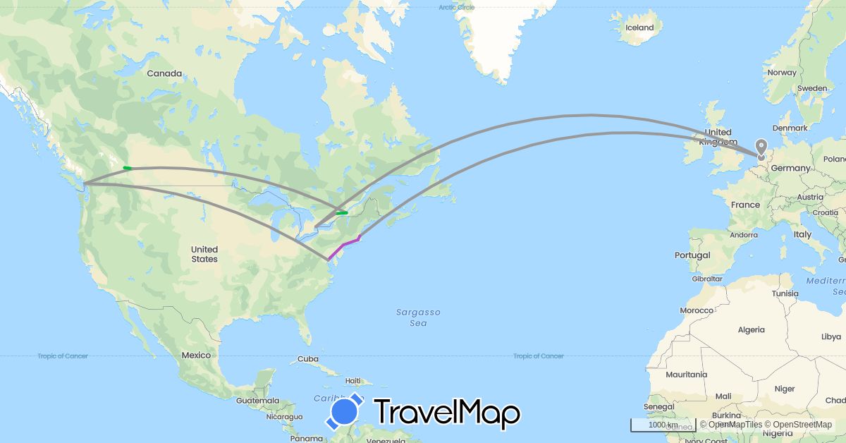 TravelMap itinerary: driving, bus, plane, train in Canada, Netherlands, United States (Europe, North America)